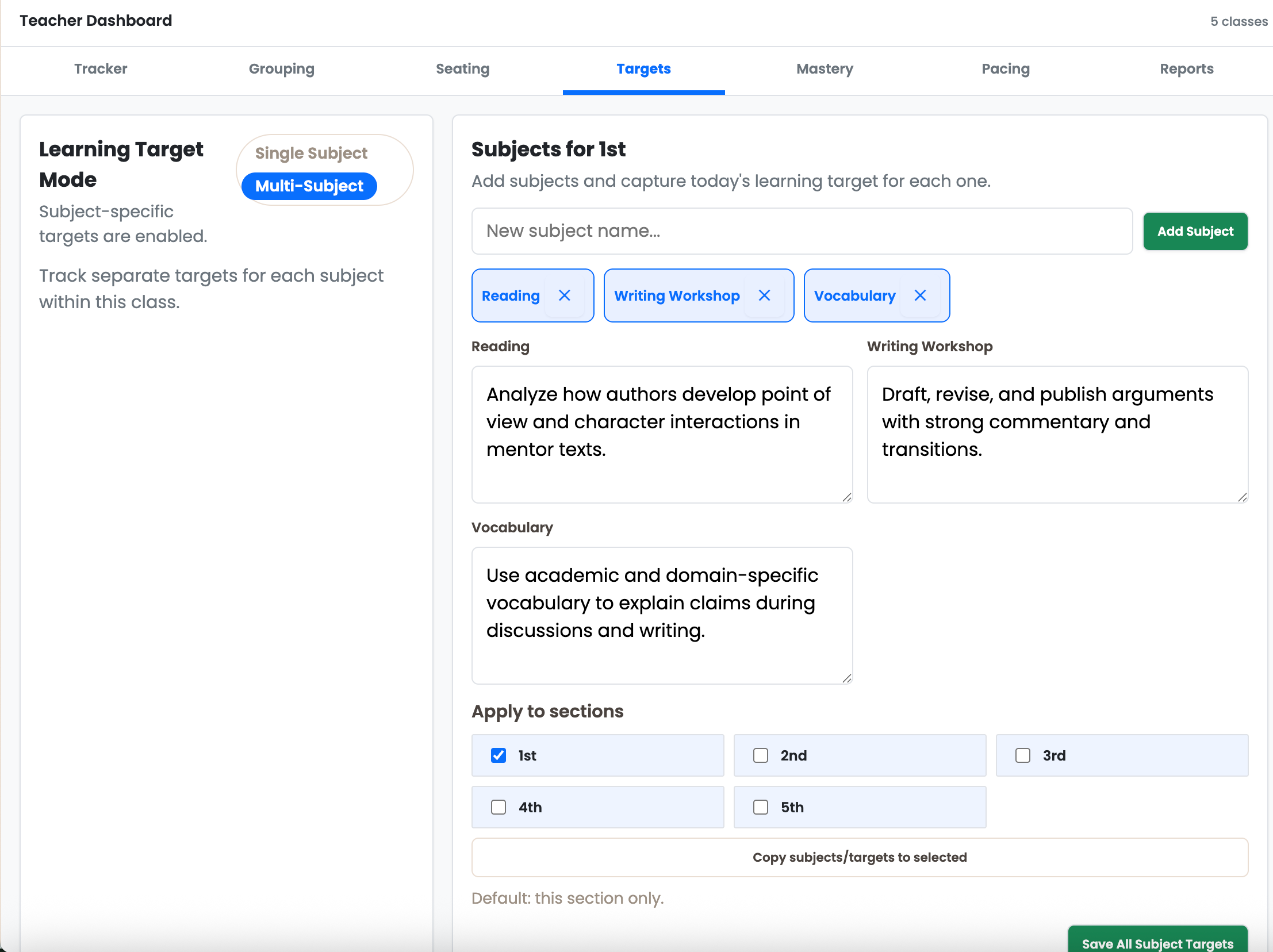 Learning Targets Dashboard with Multi-Subject Mode