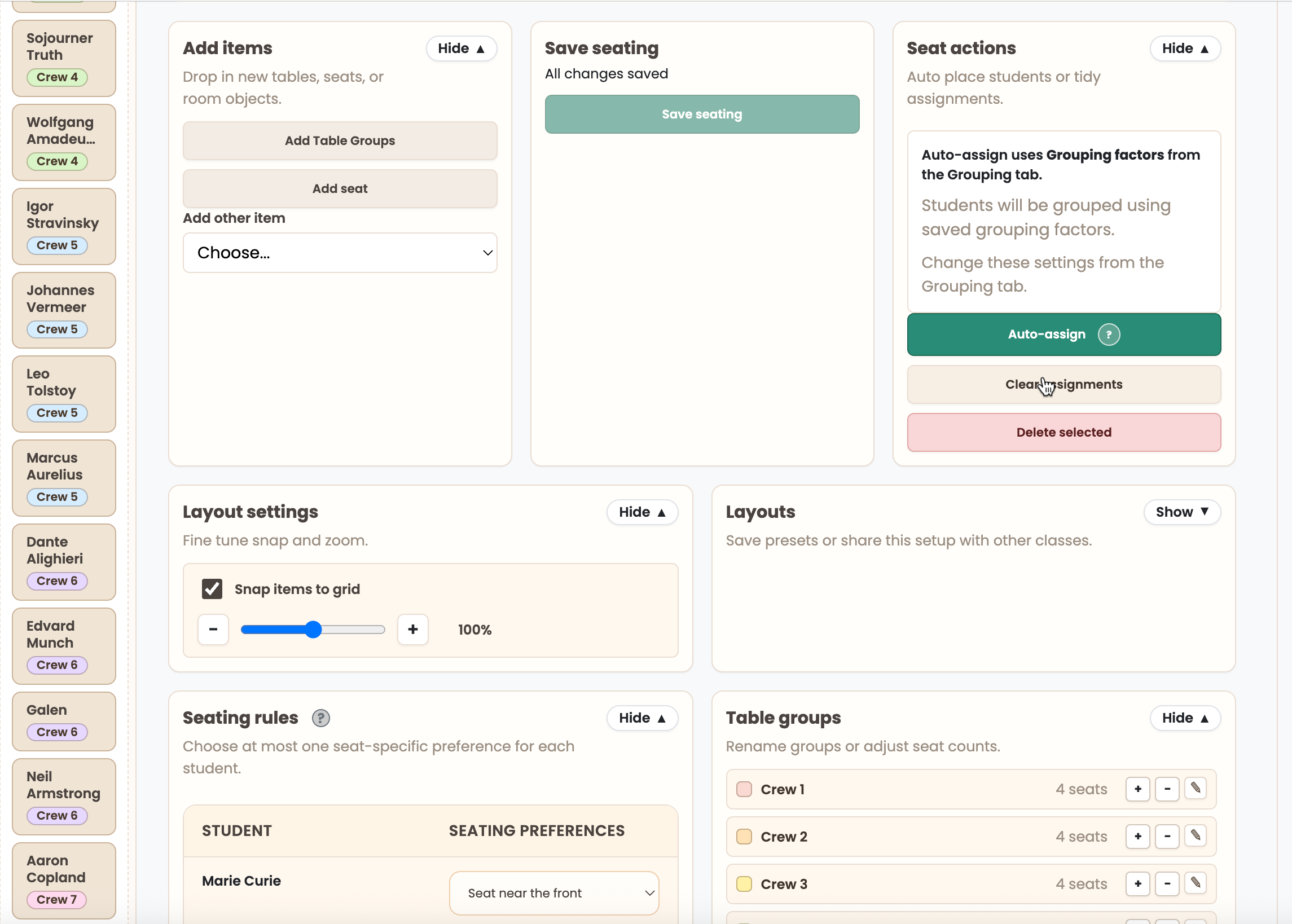 Seating Rules and Auto-Assign Settings